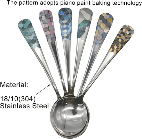 6pcs Round Head Soup Spoons with Fashion Printing Pattern 6.22inch Tablespoon 18/10(304) Stainless Steel Korean Spoons for Rice Dessert Tea Coffee...