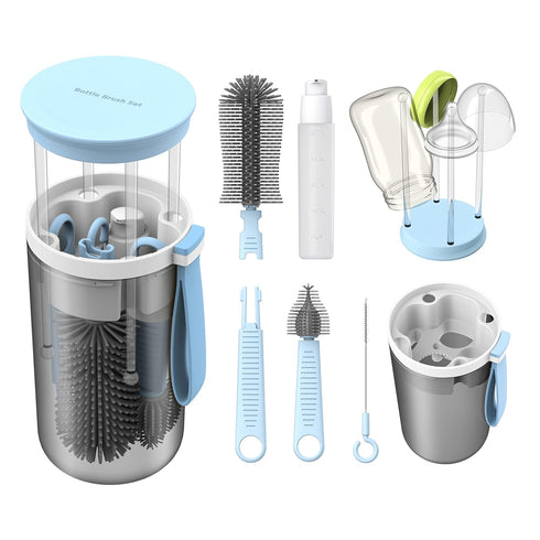Travel Baby Bottle Brush Set with Extendable Liquid Silicone Bottle Brush?Nipple Brush?Built-in Bottle Drying Rack?Straw Cleaner Brush?Baby Bottle...