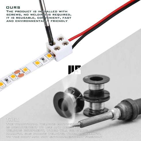 25 Pack Solderless White Led Tape Light Connectors Tighten Screw Terminal Blocks 2 Pin 10mm Connector with Screwdriver Wire to Strip Connector for...