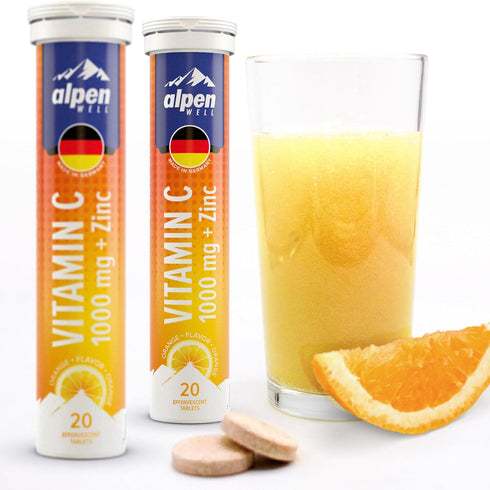 AlpenWell Vitamin C - 1000mg + Zinc - Immune Support - Effervescent Vitamin Drink Tablet, No Sugar + Low Calorie Supplement, Orange Flavor...