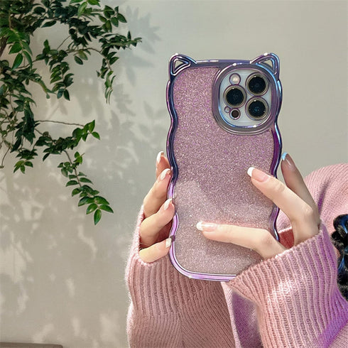 Compatible with iPhone 11 Case for Women/Girls, Cute Cat Ears Luxury Plating Glitter Bling Back Curly Wave Anti-Scratch Shockproof Case for iPhone...