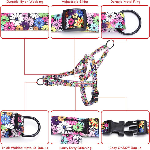 No Pull Dog Harness - Easy Walk for Small, Medium, and Large Pets - Floral Pattern Female Safety Nylon Training Dog Harness - Flowers Design - Lar...