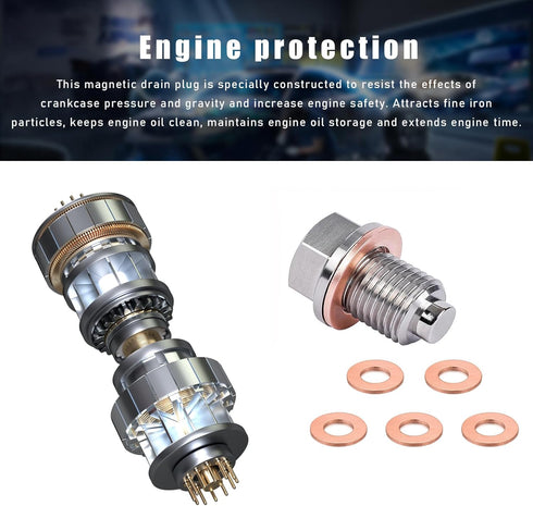 M14 x 1.5 Magnetic Oil Drain Plug, Stainless Steel Sump Drain Nut Bolt with 5 Crush Washer Gaskets, Leak-proof Oil Drain Plug Replacement for Most...