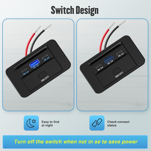 12V RV Type C USB Outlet with Power Switch 78W Dual PD3.0 USB & QC3.0 Quick Charge Socket 12V 24V Car Charger RV Switch Panel Car Charger with Wat...