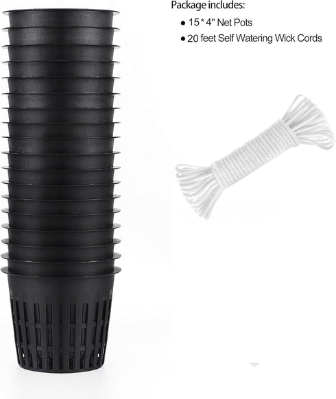 ORIMERC 15 Pack 4 inch Net Cup Pots with 15 feet Hydroponic Self Watering Wick for Aquaponics Buckets Insert Orchid Kratky Vegetable Garden Garden...