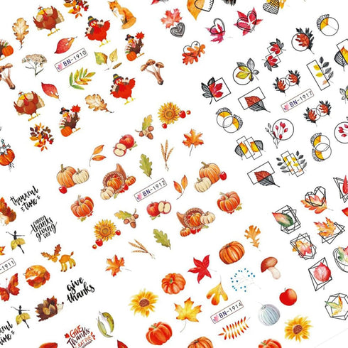 Fall Leaf Nail Art Stickers, Autumn Nail Decals Maple Leaf Nail Supplies Pumpkins Turkeys Squirrels Water Transfer Nail Stickers Fall Nail Accesso...