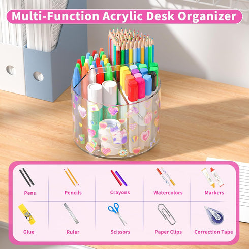 Acrylic Pencil Organizer for Desk 4 Compartments with Adhesive DIY Sticker, Rotating Art Supply Organizer with Kawaii Sticker Kids, Spinning Round...
