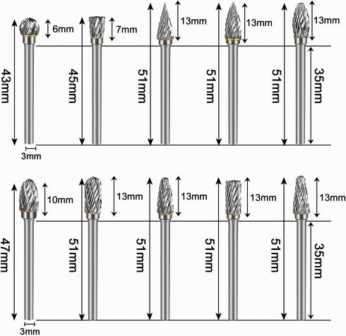 Carbide Burr Set Die Grinder Bits Rotary Tool Bits 1/8" Shank 10 PC Double Cut Wood Carving Accessories Cutting Burrs Metal Grinding Engraving Pol...