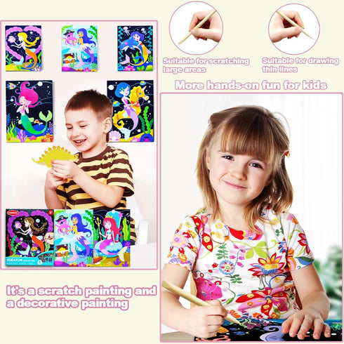 BAOXUE Scratch Art for Kids, Mermaids Black Rainbow Scratch Paper Set-Arts and Crafts & Supplies, DIY Activity & Party Games, Mermaid Toys Gifts f...