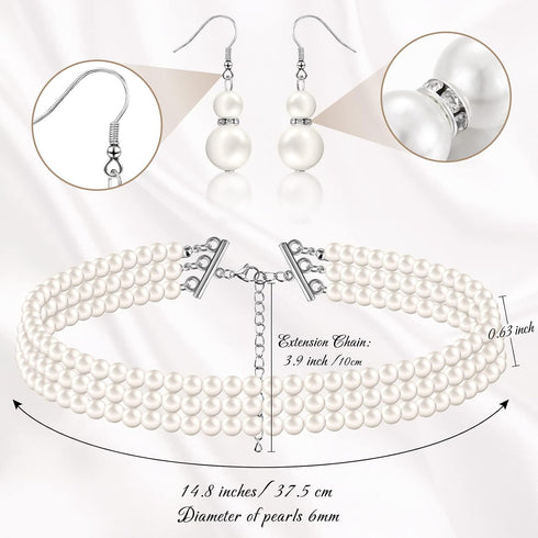 Women's Pearl Jewelry Set Multi Layer Faux Pearl Choker Necklace Earrings 1920s Simulated Pearl Necklace and Earring Set White Jewelry Sets for Wo...