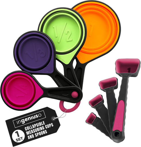 Collapsible Measuring Cups and Nesting Spoons - Adjustable Silicone for Cooking, used for Liquid and Dry Kitchen Items - Portable Portion Control,...