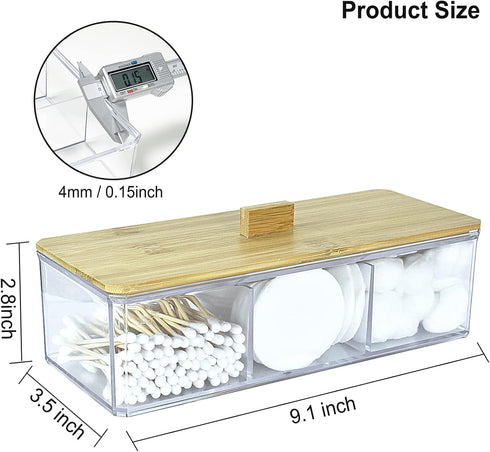 Qtip Holder Cotton Round Dispenser with Wood Lid Countertop 3 Compartments in 1 Dustproof Bathroom Organizer for Cotton Ball Clear Acrylic Contain...