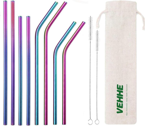 VEHHE Reusable Straws 8 Set Multi Color Stainless Steel Straws - Cleaning Brush for 20 Oz (Rainbow 8.5 inch + 10.5 inch)...