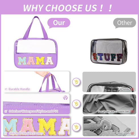 Chenille Letter Patch Clear Makeup Bag, Preppy Nylon Makeup Bag with Handle and Zipper, Waterproof Large Clear Travel Toiletry Bag Storage Bag for...