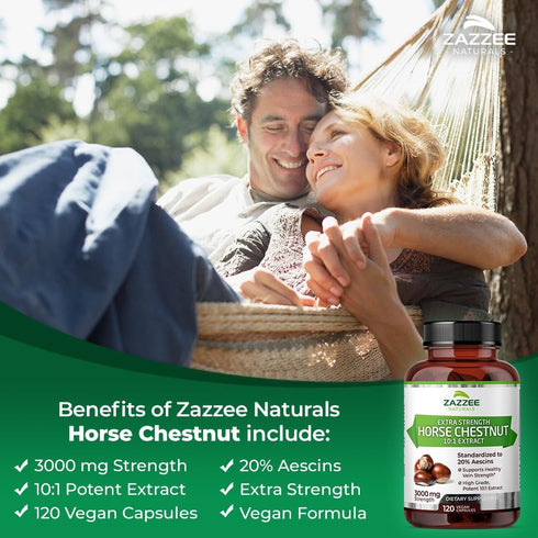 Zazzee Extra Strength Horse Chestnut 10:1 Extract, 3000 mg Strength, 20% Aescins, 4 Month Supply, 120 Vegan Capsules, Concentrated and Standardize...