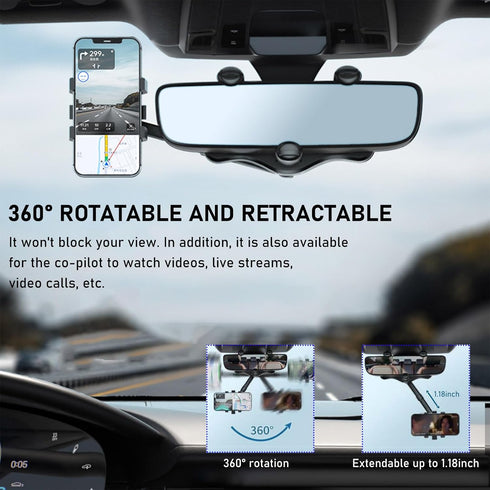 Rear View Mirror Phone Holder, 360° Rotatable and Retractable Phone Mount for Car, Anti-Shake Cell Phone Holder for Auto Fit All Mobiles, Universa...