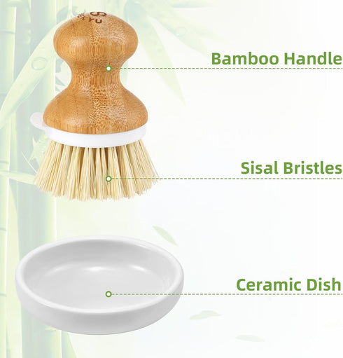 SUBEKYU Bamboo Dish Brush, Kitchen Dish Scrubber Brush, Natural Wooden Dishwashing Brush for Cleaning Dishes/Pans/Pots, Built-in Scraper, Sisal Br...