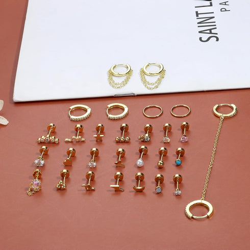 LOYALLOOK 28Pcs 14K Gold Plated Cartilage Stud Earrings and Hoops Set Stainless Steel Conch Helix Tragus Flatback Stud Earrings Dangle Chain Huggi...
