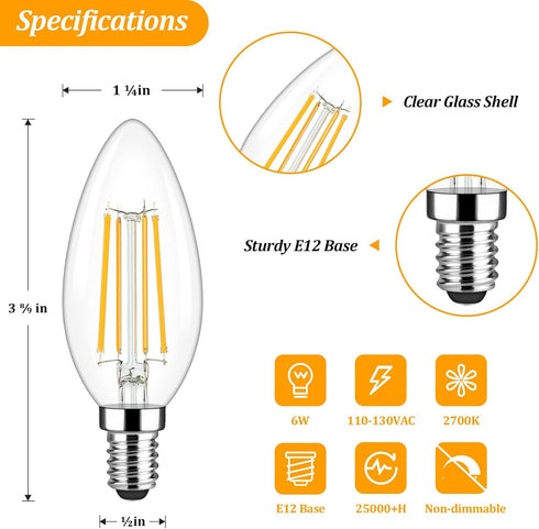Brightever Candelabra E12 LED Light Bulbs 60W Equivalent, 5-Pack B11 6W Chandelier Light Bulbs, 620Lm 2700K Warm White Candle Lightbulbs for Wall ...