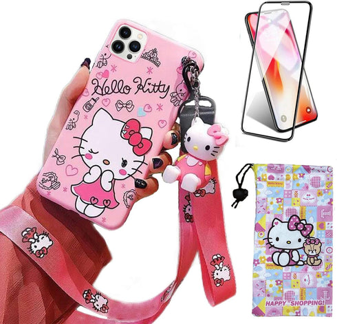 Compatible with iPhone 15 Pro Case with Screen Protector, Cartoon Cute Funny Kawaii Cat Kitty Animal Character Phone Case Silicone Lanyard 3D Cove...