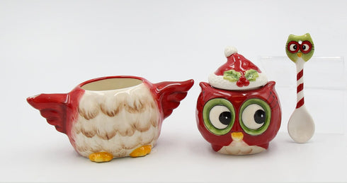 Owl Sugar and Creamer, 5 3/4 X 2 7/8 X 5 3/8"H, Red, White, Black, Green...
