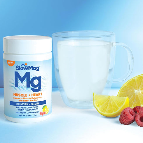 SlowMag® Muscle + Heart, Magnesium & Calcium Supplement, Raspberry Lemon Flavor Drink Mix Powder, 4 oz...