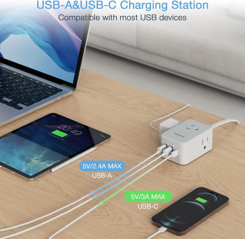 Small Flat Plug Power Strip, TESSAN Ultra Thin Extension Cord with 3 USB Wall Charger (1 USB C), 3 Outlets Mini Charging Station, 5 ft Slim Plug f...