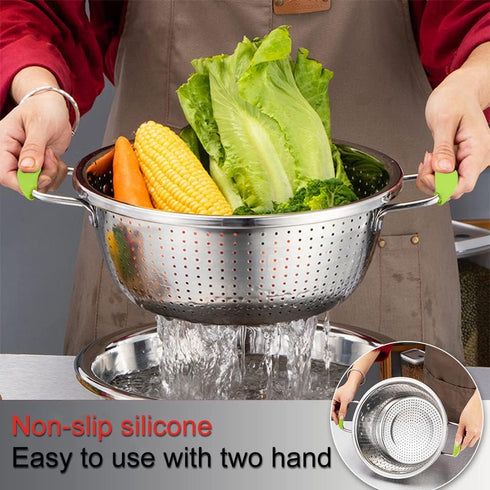 Stainless Steel Deep Colander Micro-perforated 2.5 Quart Metal Food Strainer with Green Silicone Handles for Draining Pasta Cleaning Food like Fru...