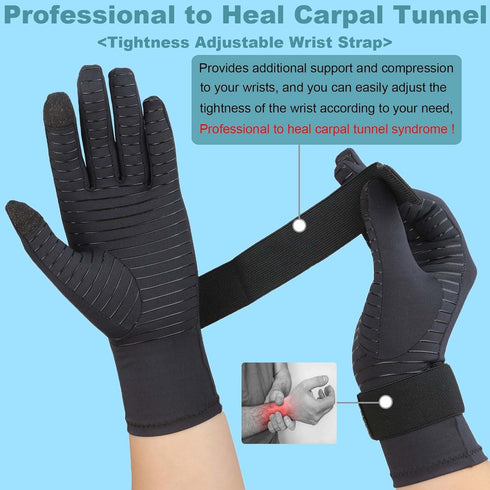 Copper Arthritis Gloves with Adjustable Wrist Strap for Women Men, Full Finger Compression Gloves for Arthritis, Carpal Tunnel, Pain Relief, Swell...