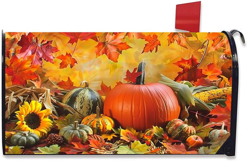 Autumn Fall Harvest Maple Leaves Pumpkin Mailbox Covers Waterproof Magnetic Durable Post Box Cover Wraps Standard Size 21x18 Inches for Outdoor Ga...