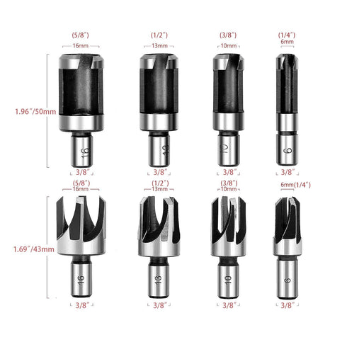 Wood Plug Cutter Drill Bit Set with 3/8 Round Shank Woodworking Chamfer Drill Bits Straight and Tapered Taper 5/8" 1/2" 3/8" 1/4" Cutting Tool, 8P...