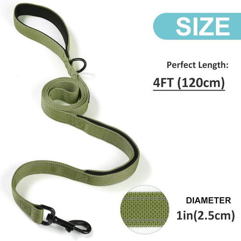 Dog Leash with 2 Comfortable Soft Padded Handles 4FT Green Reflective Heavy Duty Pet Dog Walking Leashes Durable Dog Training Lead & Traffic Handl...