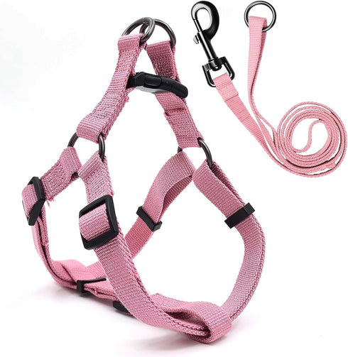Pink Dog Harness and Leash Set, Adjustable Soft Breathable Bamboo Fabric Gentle Comfortable Control Harness & Pet Leash with Easy Snap Hook for La...