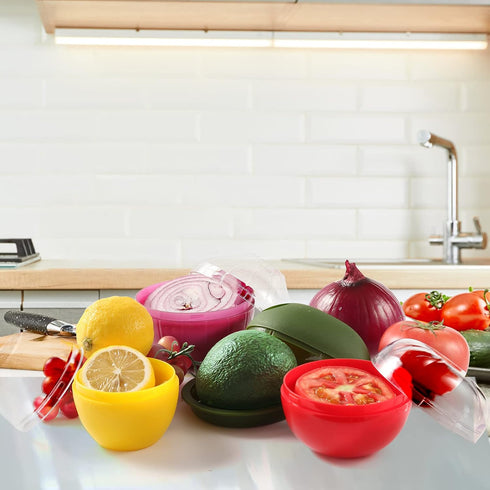 Vegetable and Fruit Storage Containers for Fridge, 4 Pcs BPA Free Reusable Food Saver - Tomato, Avocado, Onion, Lemon Keeper Holder - Refrigerator...
