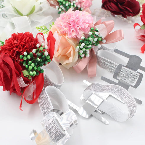 HIONXMGA 14 PCS Corsage Wristlet Band Silver Wrist Corsage Bracelets Bands, Wedding Party Prom Wristlets Band DIY Handmade Corsage Supplies Alumin...
