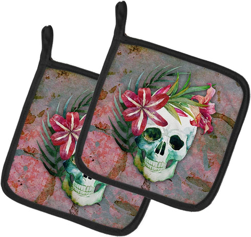 Caroline's Treasures BB5125PTHD Day of The Dead Skull Flowers Pair of Pot Holders Kitchen Heat Resistant Pot Holders Sets Oven Hot Pads for Cookin...