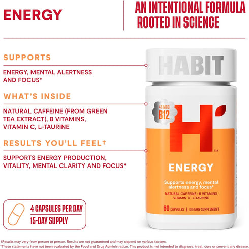 HABIT Energy Supplement (60 Capsules) - New Look, Supports Energy, Alertness and Focus, Natural Caffeine, Vitamins B & C, Green Tea extract, Vegan...
