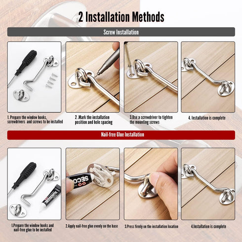 MroMax 2Pcs Cabin Hook and Eye Latch 16" Window Privacy Swivel Hooks Stainless Steel 400mm Gate Door Latches for Home Cabinet Window Kitchen Slidi...