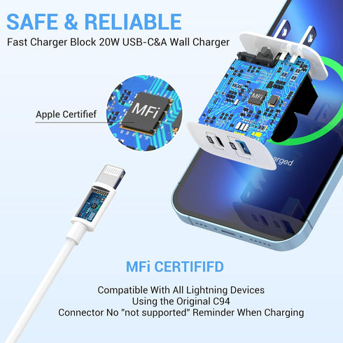 iPhone Fast Wall Charger 20W, ?MFi Certified? Elktry Dual-Port PD 3.0 USB C & QC 3.0 USB A Charger Block with 6FT Lightning Cable Compatible with ...