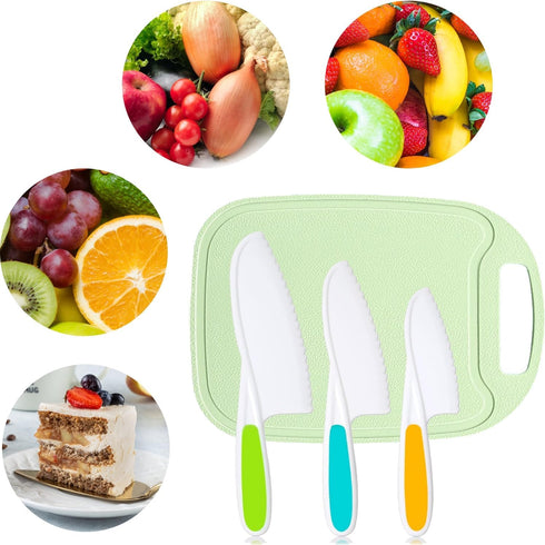 4 Pcs Kids Kitchen Knife Set,Kids Knives For Real Cooking With Nylon Kitchen Baking Knife with Cutting Board,Firm Grip,Safe Serrated Edges Kids Kn...
