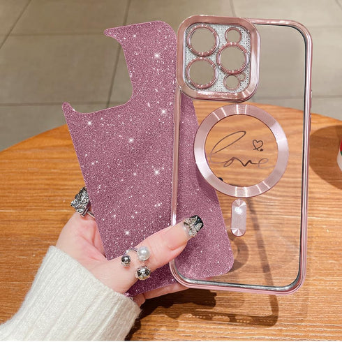 Phone Case for iPhone 15 Pro Magnetic Glitter Clear Case, Luxury Plating Love Heart Design, Full Camera Lens Protector TPU Protective Case for Wom...