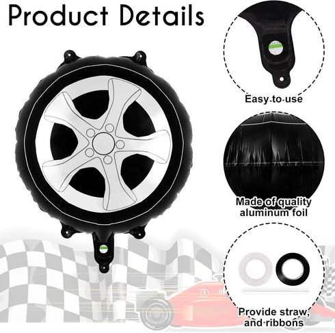 12 Pcs Wheel Tire Balloons,18 Inch Race Car Wheel Balloons Race Car Party Decorations Car Foil Balloons for Birthday Party Race Car Theme Party Su...