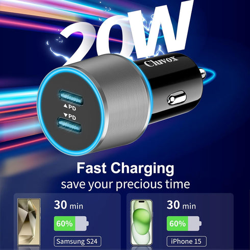 2 Pack 40W Fast USB C Car Charger Adapter for iPhone 15 Pro Max/Plus/Samsung Galaxy S24 Ultra/S23/S22 fe Car Phone Charger, Dual 20W PD Port Cigar...