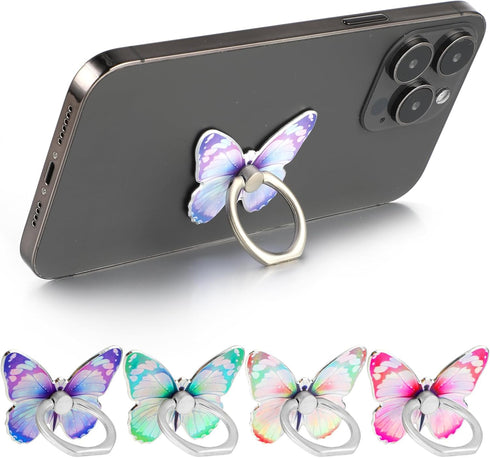 4Pcs Butterfly Phone Ring Stand Colored Cute Butterfly Phone Grip Metal Cell Phone Finger Holder Cellphone Ring Holder Compatible with Phones Tabl...
