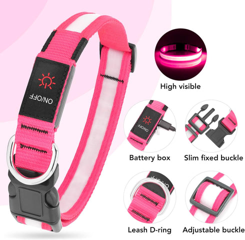 LED Dog Collar, Light Up Dog Collar Adjustable USB Rechargeable Super Bright Safety Light Glowing Collars for Dogs (Large, Pink)...