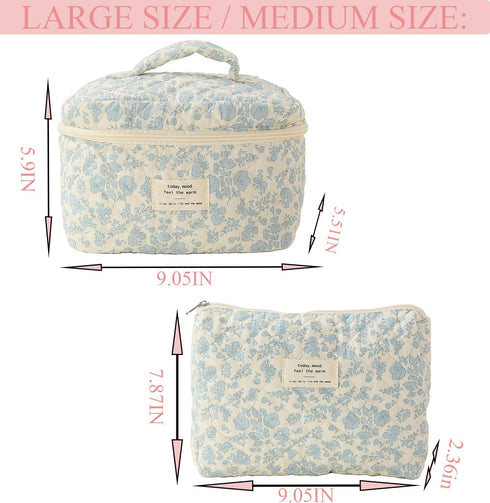 2PCS Quilted Makeup Bag,Large Floral Cosmetic Bag,Cotton Makeup Bag Set, Coquette Aesthetic Floral Travel Makeup Organizer Bag...