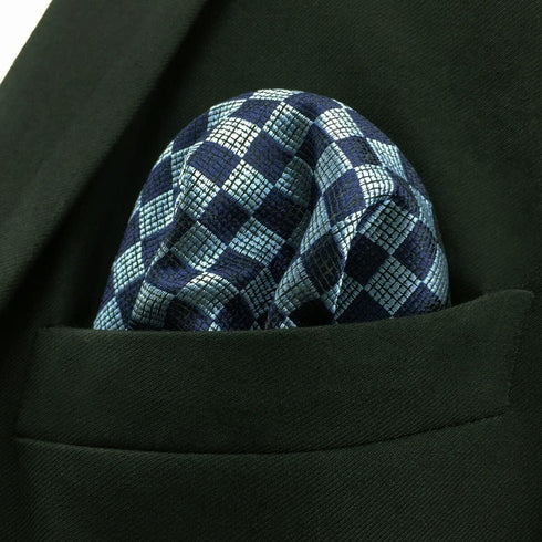 SHLAX&WING Fashion Blue Silk Pocket Square for Men Classic Checks Hanky...