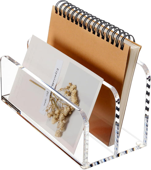 SANRUI Acrylic Mail Sorter Desktop Organizer Holder, 2 Compartments Clear Small File Script Letter Office Document Storage for Desk Bill Filling E...