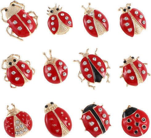 12Pcs Ladybug Brooch Pins Small Rhinestone Ladybug Lapel Pins Bling Clothing Decorations for Shirts Dress Backpack Jacket Hat, Red...