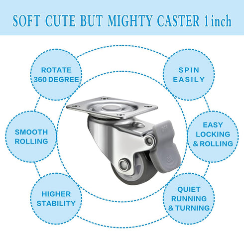 1 inch Caster Wheels 8 Pack, Durable Mini Caster Wheels for Furniture, Soft Rubber Small Locking Casters for Furniture, Low Profile Swivel Castor ...